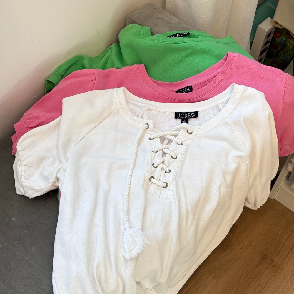 J. Crew lot. 3 short sleeve sweatshirts. Small Pink green and white lace ties.